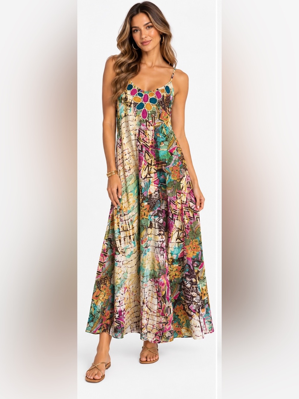 Sleeveless Multicolor Slip Dress with Gem Accent